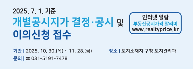 2025. 7. 1.기준 개별공시지가 결정, 공시 및 이의신청 안내    기간: 2025. 10. 30. ~ 11. 28.  장소: 토지소재지 관할구청 토지관리과, 부동산공시가격알리미(www.realtyprice.kr)